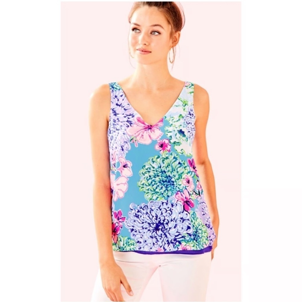 Lilly Pulitzer Tank Top Women’s XXS Blue Florin Reversible  V-Neck Floral